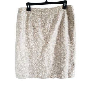 Ann Taylor Woman Size 12 Brocade Pencil Skirt Ivory Gold Triple Kick Pleats Line